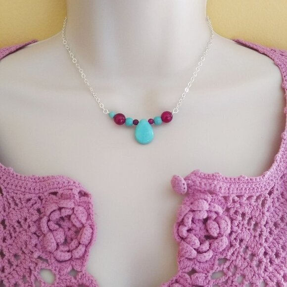 Aqua Howlite Cranberry Magenta Agate! Minimalist Bar Necklace - Perfect 4 Spring - Picture 4 of 5